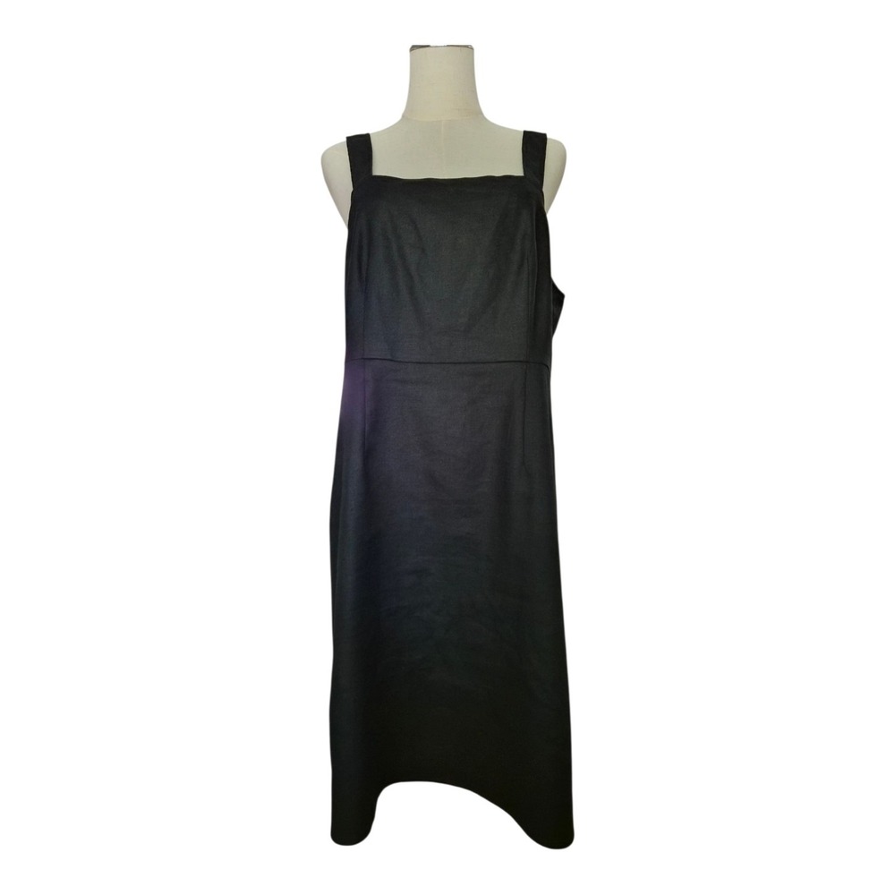 J.Crew Black Linen Blend Midi Dress 14 Tall Square Neck Sleeveless Lined‎ NWT